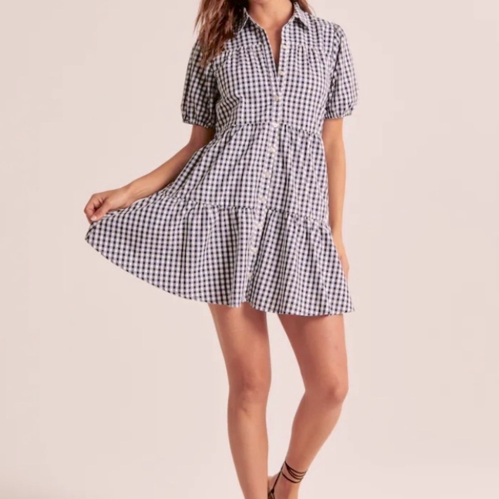 Abercrombie & Fitch Black and White Gingham Collared Tiered Dress